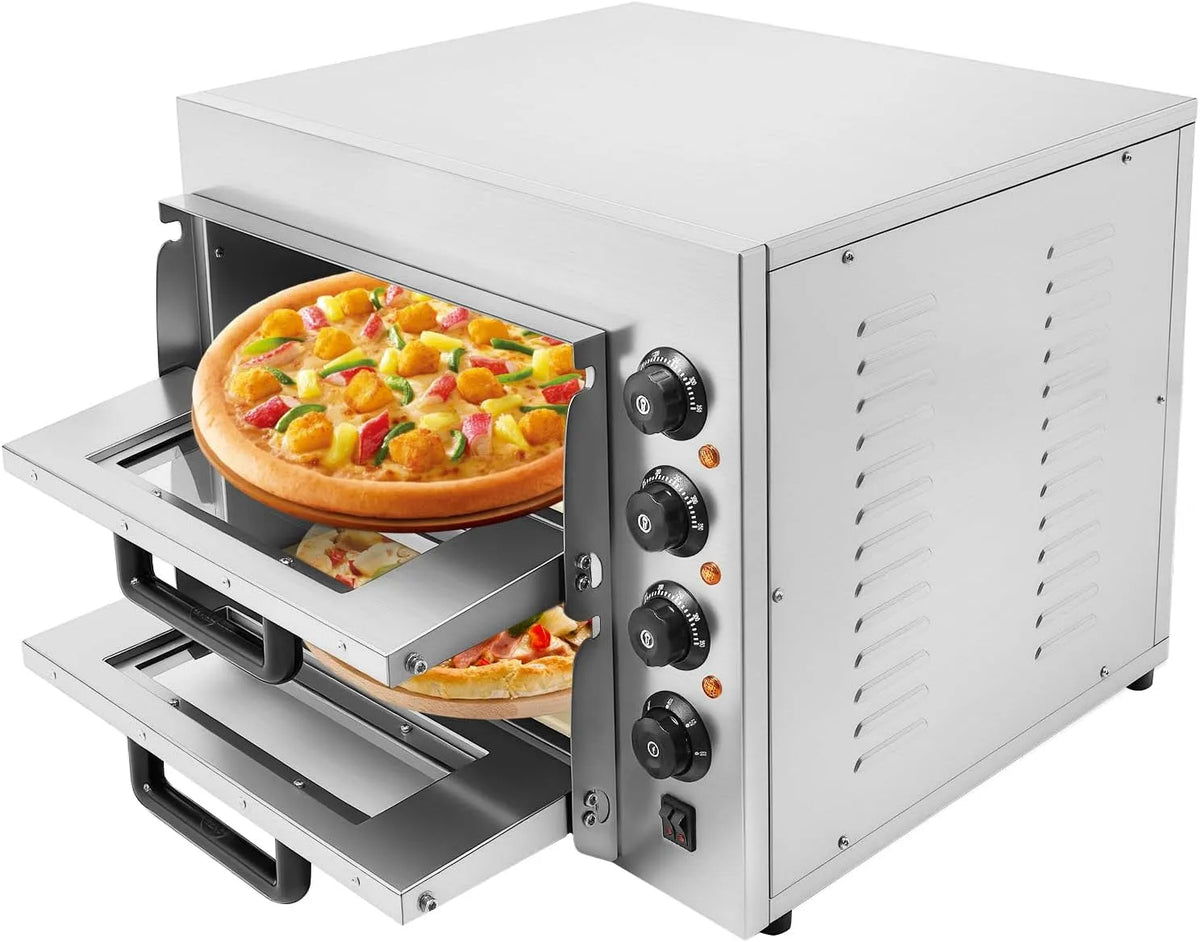 Pizzaoven, 3000 W, 14 inch, timer, Professionele, dubbellaagse, elektrische met timer van 1-60 minuten, commerciële 50-350 graden Celsius