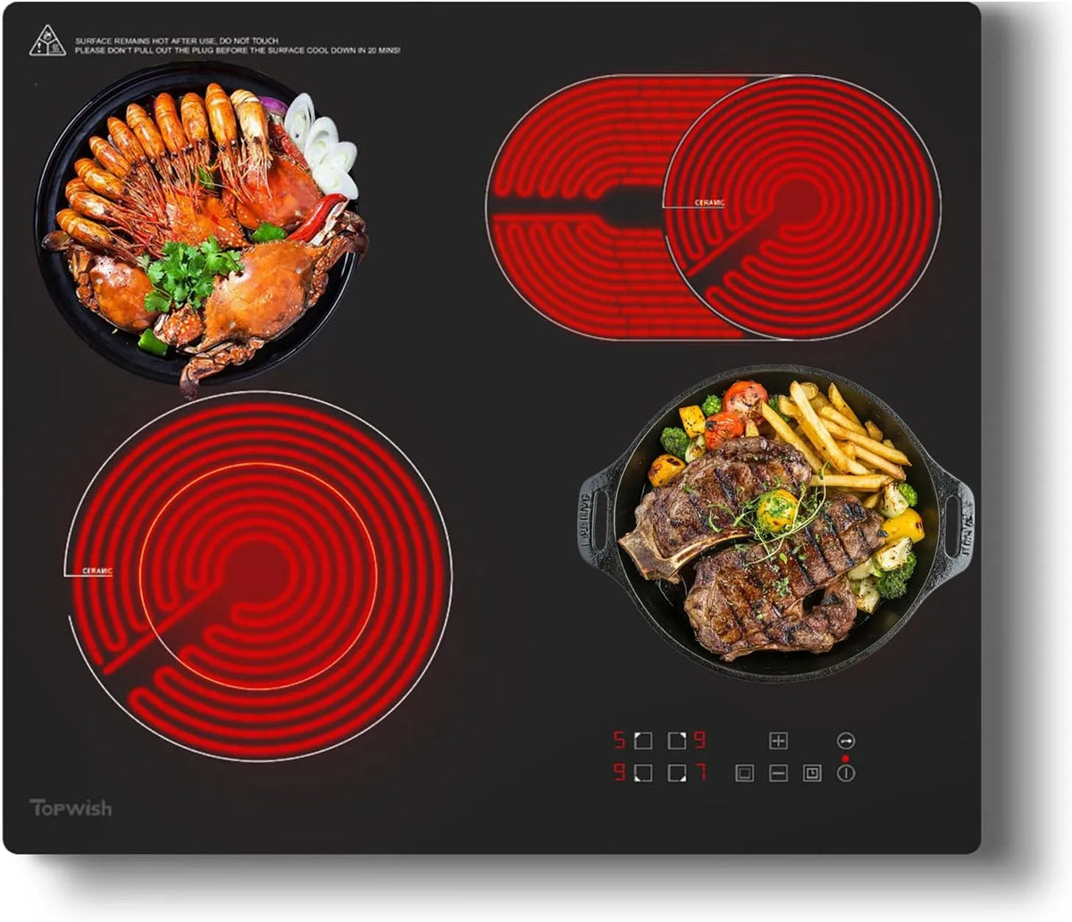 Keramische kookplaat, 6600W, Topwish 4 platen, keramische ovale zone
