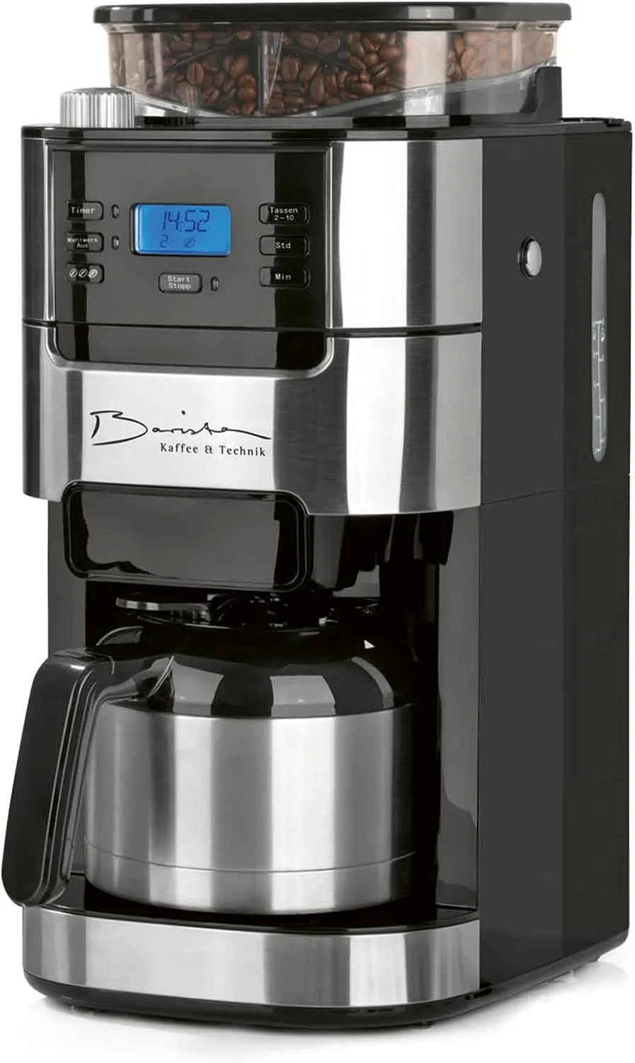 Koffiemachine, roestvrijstalen behuizing, timer, Barista Filterkoffiezetapparaat met verstelbare molen en thermokan, 24-uurs timer en permanent filter