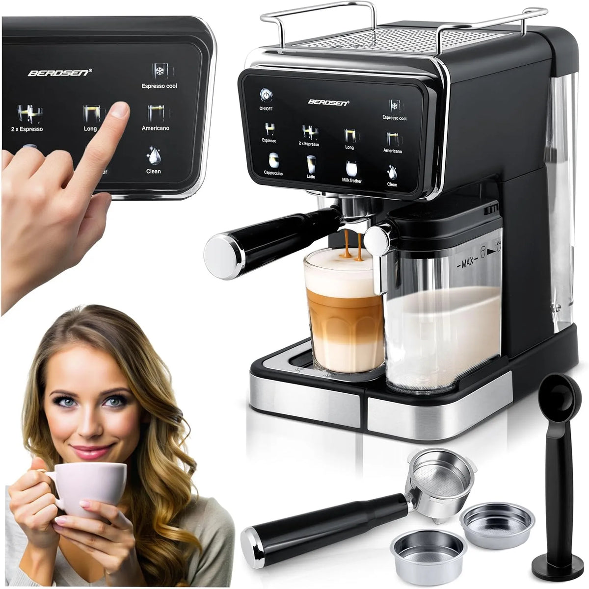 Koffiemachine, 20 bar, 1350 W, roestvrijstalen behuizing, zelfreinigingsfunctie, Berdsen Koffiezetapparaat, espressomachine met zeefhouder