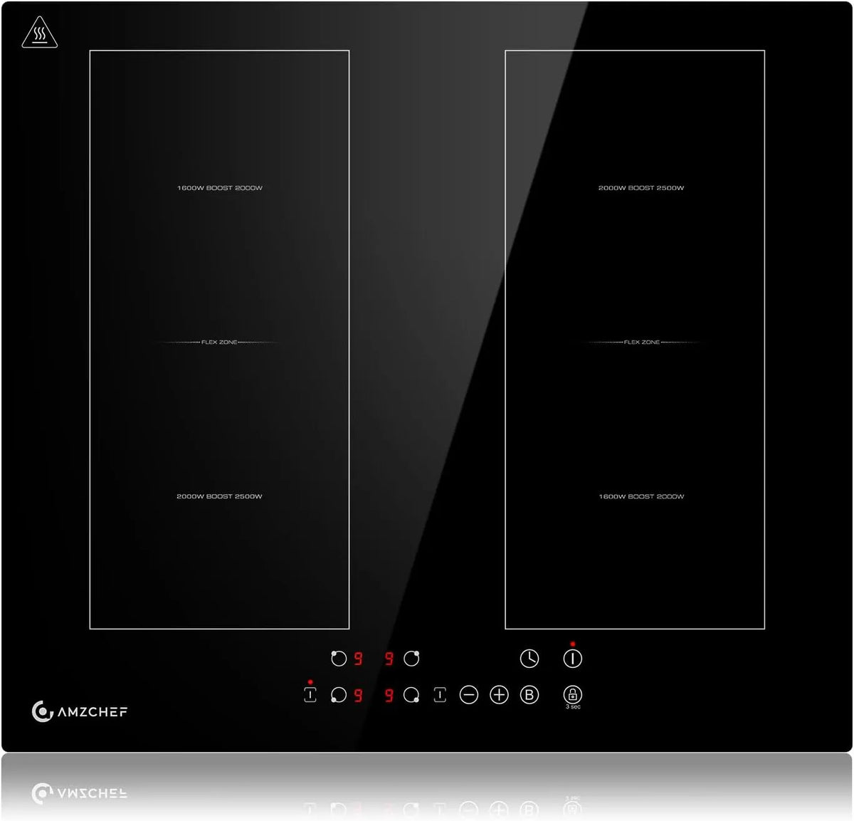 Inductiekookplaat, 7200 W, 60 cm, 4 zones, 9 niveaus, AMZCHEF, elektronisch geregelde inductiezones